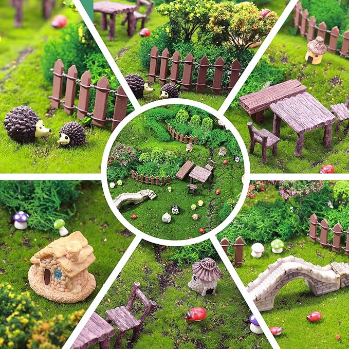 58 Pcs Mini Garden Accessories Set Fairy Village Miniature Fairy House Starter Kit Mini Terrarium Figurines Micro Landscape Mixed Model Tree Diorama Supplies for DIY Succulent Dollhouse Craft