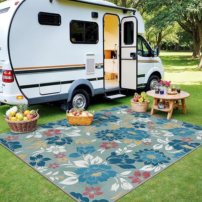 GENIMO Indoor Outdoor Area Rug 8' X 10' Waterproof, Washable Patio Rug Non Shedding, Easy Cleaning Floral Outdoor Carpet for Living Room, Bedroom, Dining Room, Balcony, Backyard, Deck, RV, Blue Grey