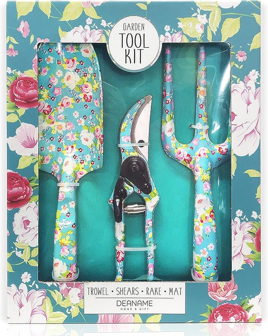 Garden Tool Set Gardening Hand Tools Kit, Floral Sturdy Garden Gifts, 4 PCS Heavy Duty Shovel Kit Including Trowel, Sharp Pruner, Hand Rake, and Mat (Blue Set)