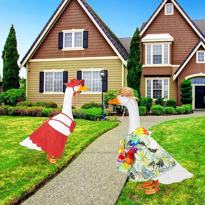 2 Set Hawaiian Luau Porch Goose Outfit for Lawn 23'' Plastic Goose Clothes Costume Summer Outdoor Decor(Dot Bikini)