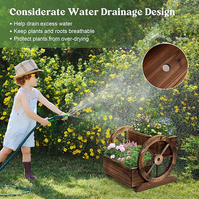 2PCS Wooden Wagon Planter Box, Garden Planter with Wheels,Decorative Flower Planter for Flowers Herbs Vegetables for Indoor & Outdoor Decor,Wooden Flower Cart for Patio Garden Balcony