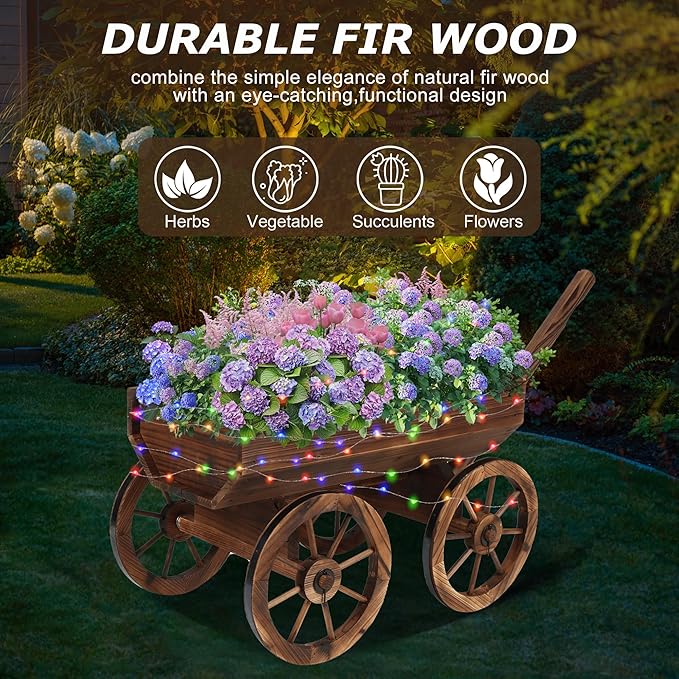 Garden Wooden Decor Rustic Flower Pot,Planters Wagon Indoor Outdoor Backyard Balcony Decor,for Outside Garden Decor Wheelbarrow Planter for Patio (Wooden Wagon with Light)