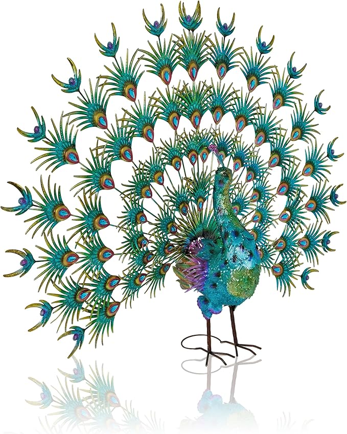 Alpine Corporation HEH376 Jumbo Sized Iron Majestic Peacock Decor, Elegant Garden & Patio Bird Statue, 55" H, Green