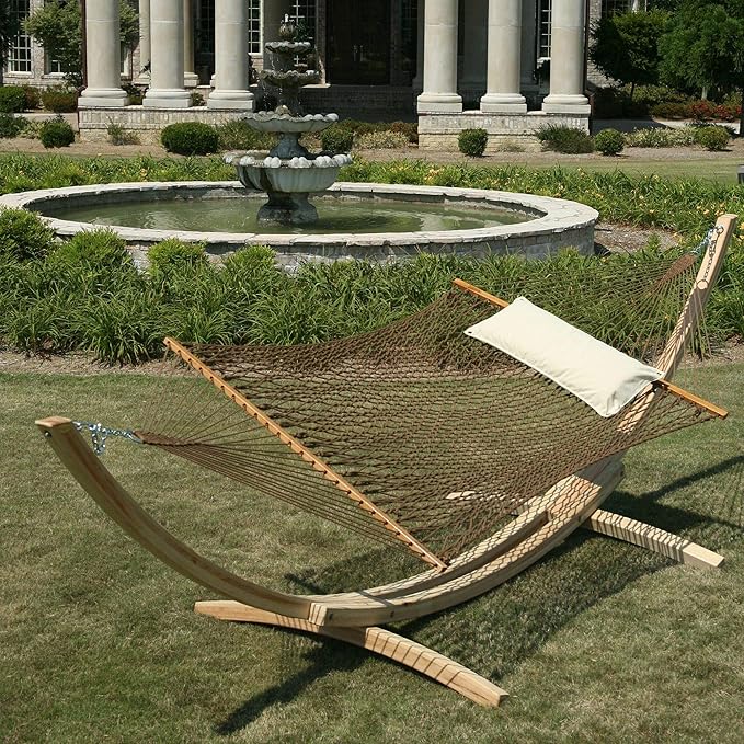 Hatteras Hammocks Deluxe Antique Brown DuraCord Rope Hammock – 13 ft. x 60 in., 2-Person, 450 lb Capacity, Cumaru Spreader Bar, Zinc-Plated Hardware – Handcrafted in The USA