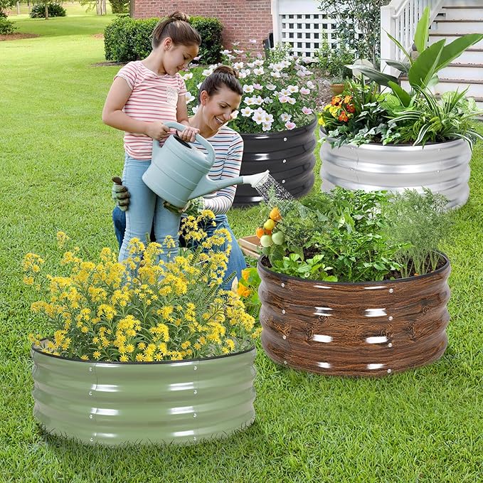 Galvanized Raised Garden Bed- 2Pcs 2x2x1FT Metal Planter Boxes Outdoor | Round Steel Raised Bed Kit & Fire Pit Ring for Gardening with Protective Tape, Gloves for Vegetables, Flower (Sliver)