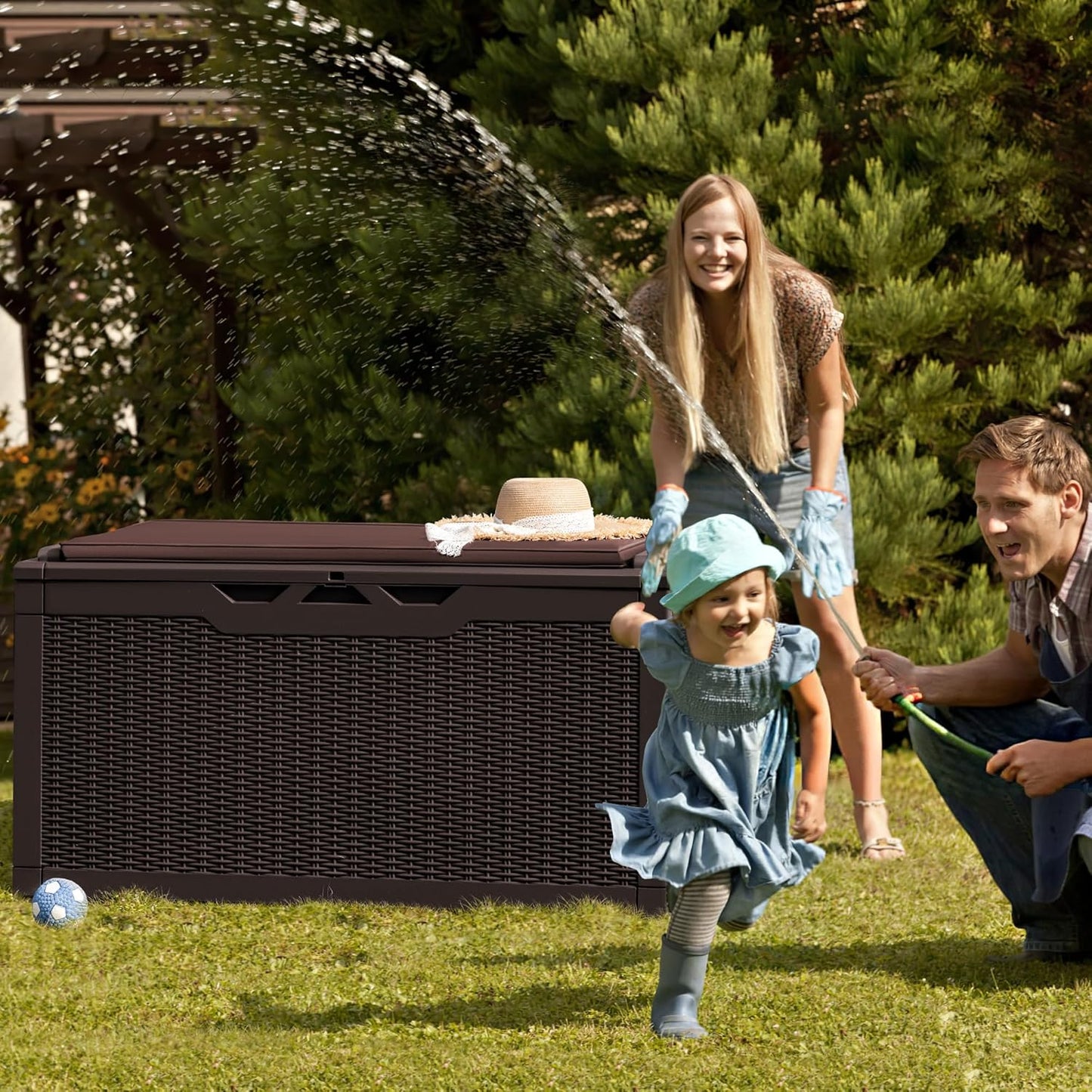 Greesum 100 Gallon Resin Deck Box Large Outdoor Storage Boxes with Cushions for Garden Tools, Patio Furniture Pillows, Pool Supplies, Dark Brown