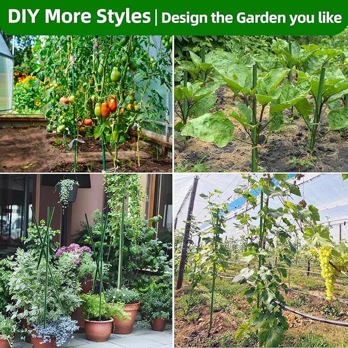 Garden Stakes 16 Inch 30 Pack, Diy 4ft 5ft 6ft 7ft 8ft Tomato Stakes Plastic Coated Metal Plant Sticks Stakes Supports with 20 Connectors 15 Rotatable Clips for Indoor Outdoor Plants Vegetable