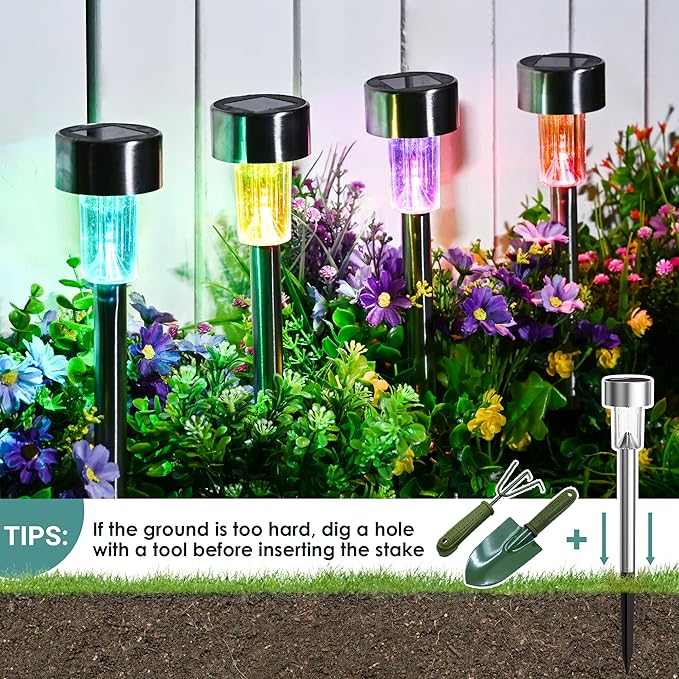 GIGALUMI Solar Lights Outdoor Waterproof, 20 Pack, Stainless Steel LED Solar Garden Lights for Patio, Lawn, Yard and Landscape, Garden Decor Patio Decor,Multicolor
