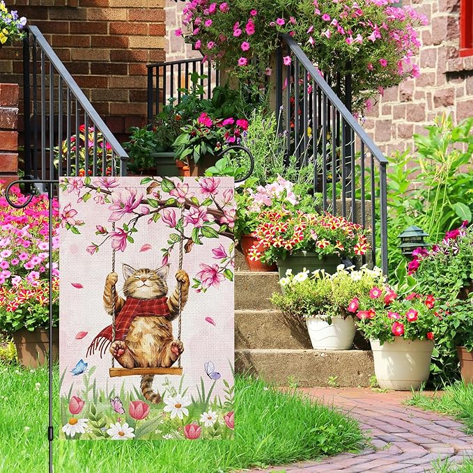 Heyfibro Spring Cute Cat Welcome Garden Flag 12x18 Inch Double Sided Burlap Butterfly Floral Yard Flag for Seasonal Holiday Farmhouse Outdoor Decor(ONLY FLAG)