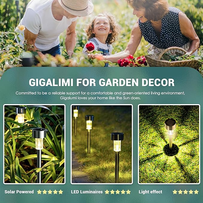 GIGALUMI Solar Lights Outdoor Waterproof, 20 Pack, Stainless Steel LED Solar Garden Lights for Patio, Lawn, Yard and Landscape, Garden Decor Patio Decor,Warm White