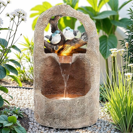 27" Outdoor Water Fountain with LED Lights,2-Tier Bird Natural Zen Garden Fountain, Relaxing Waterfall Floor, Yard, Porch or Deck Decor, Whether-Resistant, Faux Granite Texture
