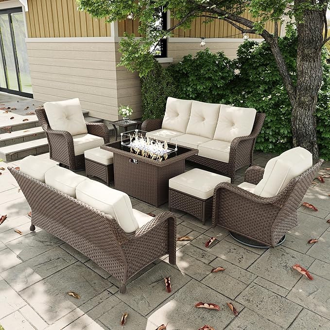 8 Pieces Outdoor Patio Furniture Sets with Rocking Swivel Chairs with 6-inch Thick Cushion and Fire Pit Table for Deck Lawn