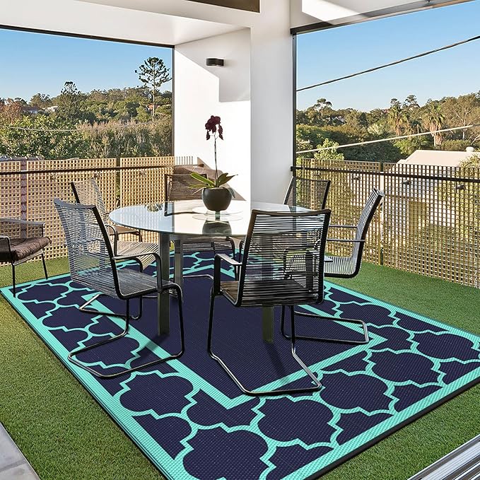 GENIMO 6' x 9' Outdoor Rug Waterproof for Patio Decor, Foldable Reversible Plastic Straw Area Rugs Mat for Camper, Outside Carpet for Rv, Deck, Porch, Picnic, Beach, Balcony, Navy Blue & Jade Green