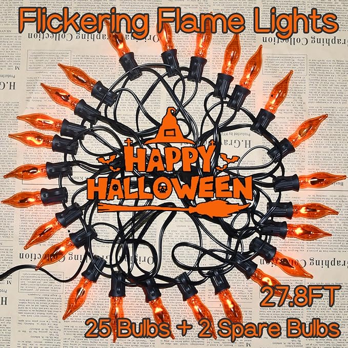 27.8Ft Flickering Flame String Lights Orange Halloween Lights with 25 Pack C7 Orange Flame Light Bulbs, Orange Flame String Lights for Halloween Decorations for Home Party Yard (2 Spare Bulbs)