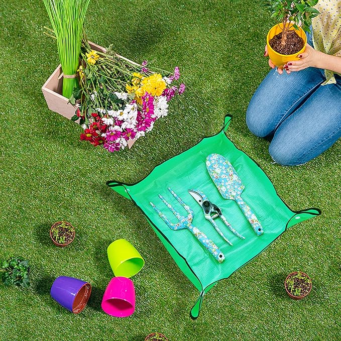 Garden Tool Set Gardening Hand Tools Kit, Floral Sturdy Garden Gifts, 4 PCS Heavy Duty Shovel Kit Including Trowel, Sharp Pruner, Hand Rake, and Mat (Blue Set)