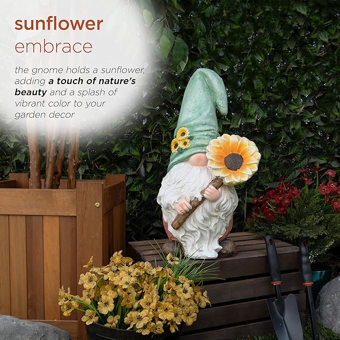 Alpine Corporation MCC842 Indoor/Outdoor Gnome Holding Sunflower Garden Statue, Charming Gnome Statue w/Hat, 21" H, Turquoise