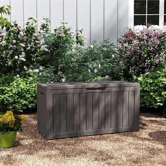 80 Gallon Coffee Resin Deck Box - Rustic Outdoor Storage for Garden Tools, Patio Essentials & Package Delivery - Weatherproof, Lockable for Farmhouse Decks