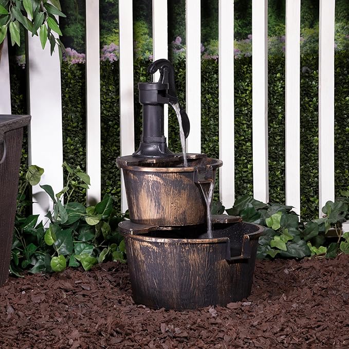 Alpine Corporation - Outdoor Rustic 2-Tiered Barrel and Pump Water Fountain – Bronze Finish, Relaxing Water Flow, Ideal for Garden, Patio, & Yard Décor, 27"H