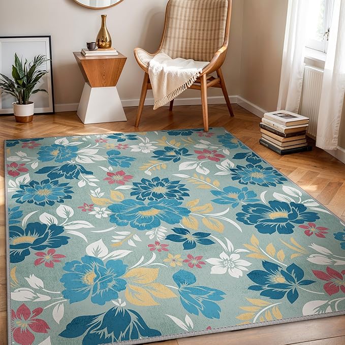 GENIMO Indoor Outdoor Area Rug 6' X 9' Waterproof, Washable Patio Rug Non Shedding, Easy Cleaning Floral Outdoor Carpet for Living Room, Bedroom, Dining Room, Balcony, Backyard, Deck, RV, Blue Grey