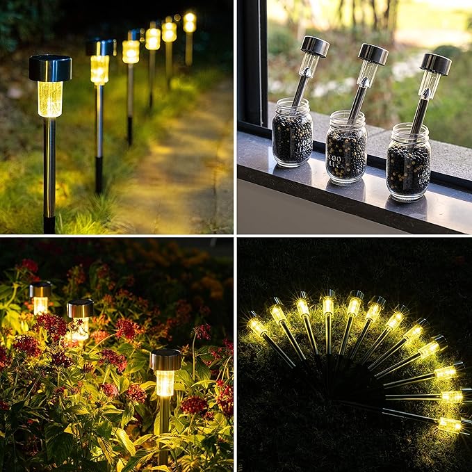 GIGALUMI Solar Pathway Lights 20 Pack, Stainless Steel IP44 Waterproof Auto On/Off Outdoor LED Solar Landscape Lights for Garden, Yard, Patio, Path and Walkway. (Warm White)