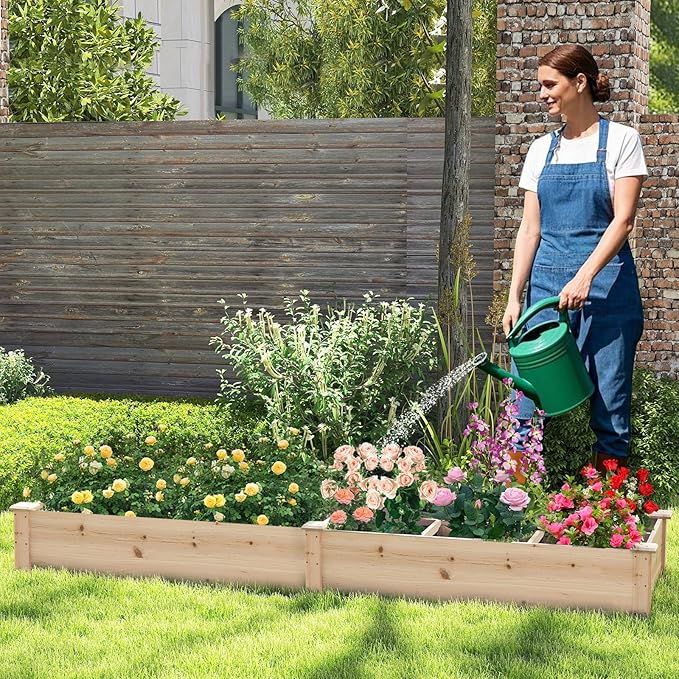 HAPPYGRILL Raised Garden Bed, Wooden Planter Raised Bed w/2 Garden Boxes, 7 Compartments, DIY Painting Available, Elevated Planter Box for Patio Garden Backyard Lawn Gardening, 90” x 25” x 10”