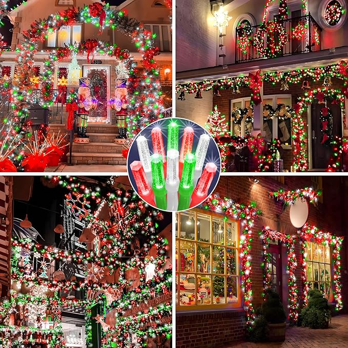 Heceltt 1140 LED 449 FT String Lights Outdoor, 8 Modes Christmas Lights Plug in, IP44 Waterproof Led String Lights with Timer and Memory for Home Party Tree Decorations (Red Green and White)