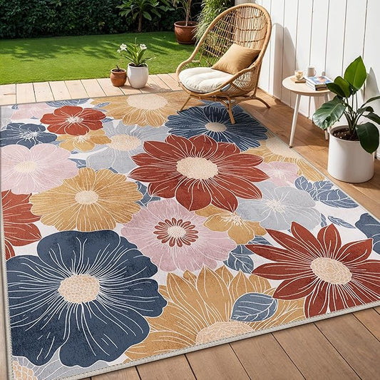 GENIMO Indoor Outdoor Area Rug 6' X 9' Waterproof, Washable Patio Rug Non Shedding, Easy Cleaning Floral Outdoor Carpet for Living Room, Bedroom, Dining Room, Balcony, Backyard, Deck, RV, Red Blue
