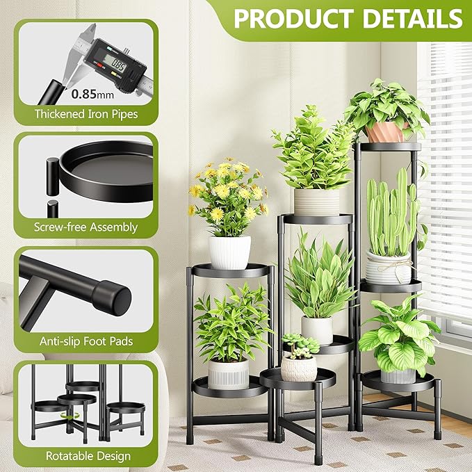 8 Tier Metal Plant Stand Indoor, Rotatable Corner Plant Shelf Outdoor, Tiered Flower Pot Display Stand, Multiple Plants Holder for Patio Living Room Balcony Garden Home Decor - Black