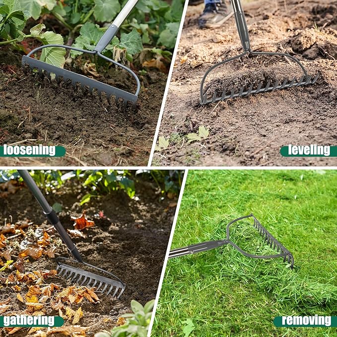 Garden Rake, 6 FT Bow Rakes for Lawns Heavy Duty, Yard Metal Rake with Adjustable Long Handle, 14 Tines Head, Gardening Tool for Loosen Soil, Gather Leaves, Level Mulch, Remove Debris