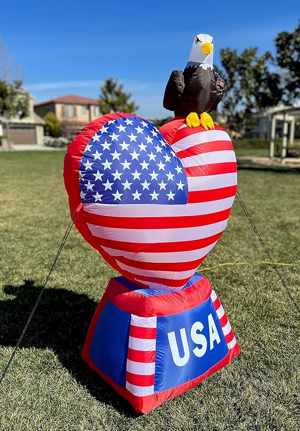 5 Foot Tall Patriotic Independence Day 4th of July Inflatable Love Heart with American Flag and Bald Eagle Pre-Lit LED Lights Outdoor Indoor Lawn Yard Holiday Decoration Blow up Home Garden Decor