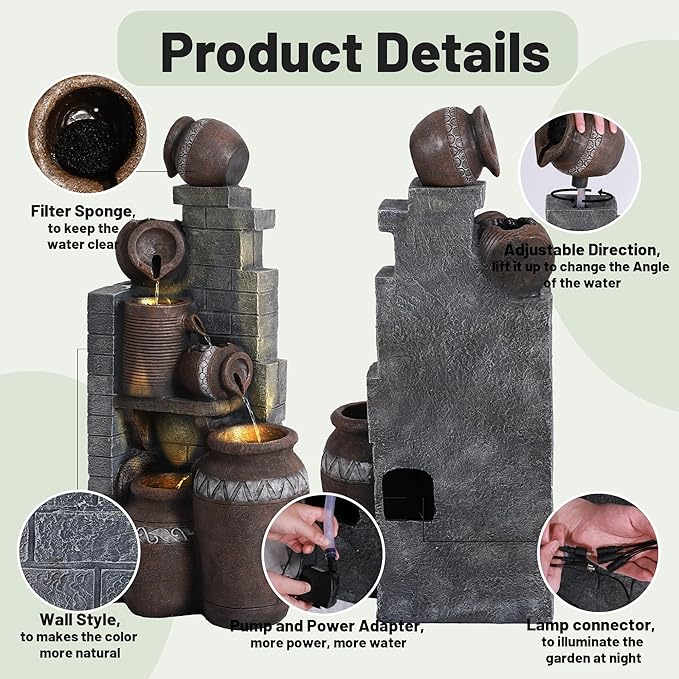 6-Tiers Garden Waterfall Fountain Outdoor - 31’5''H Water Fountains and Waterfalls, Large Outdoor/Indoor Floor Standing Resin Water Fountain with LED Light for Patio, Garden and Home (31.5”H)