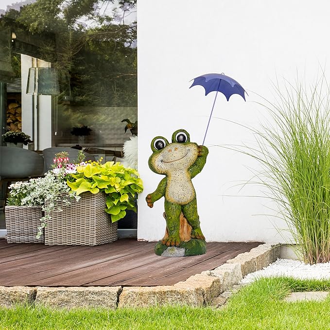 Alpine Corporation QWR1002 Indoor/Outdoor Smiling Frog with Purple Umbrella Garden Statue, Playful Frog Statue, 27" H, Green