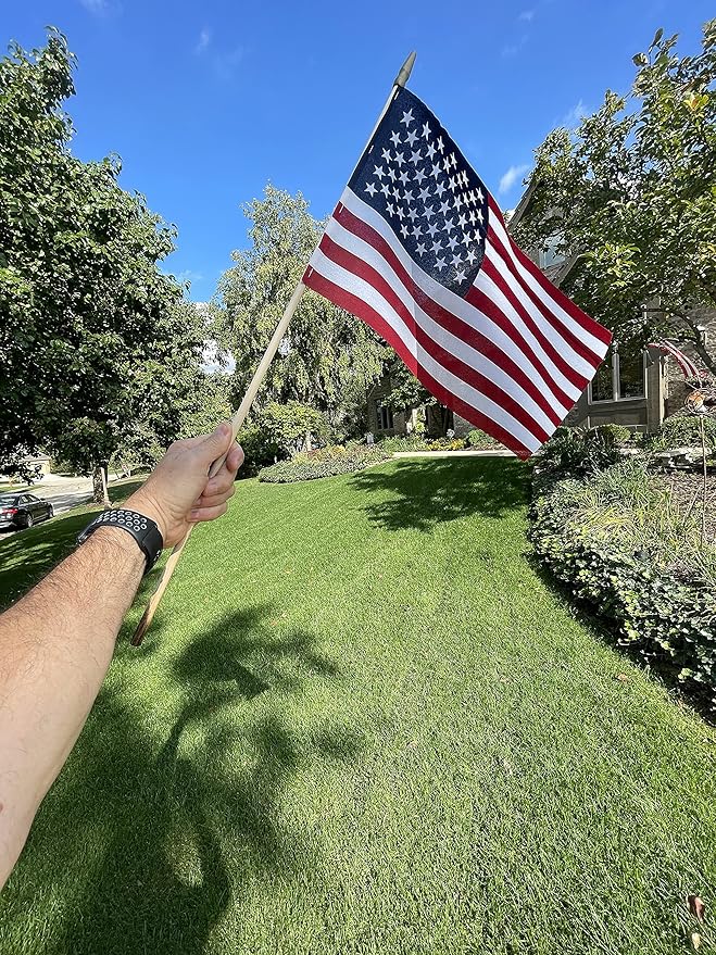 American Flags on Stick - Handheld Spearhead US Flag for 4th of July, Memorial Day Event Decorations - Patriotic Decor for Indoors & Yard - Wooden Stick, Cotton Fabric (12" X 18" - 144 Pack)